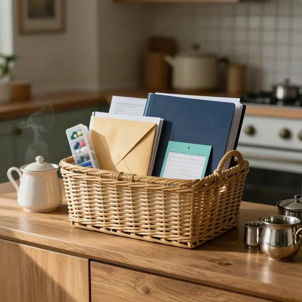 Packed family care file basket on a kitchen sideboard with pills, folders, and envelopes