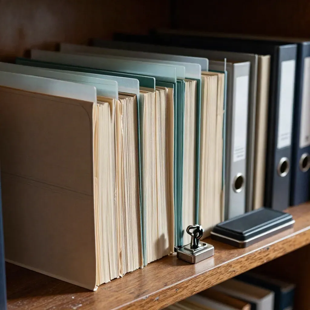 Accordion file stack with teal tabs, date stamp and binder clip in dramatic low-angle light.
