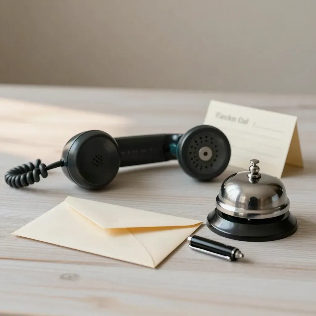 Vintage handset, sealed envelope, desk bell and pen cap on pale wood in soft side light.