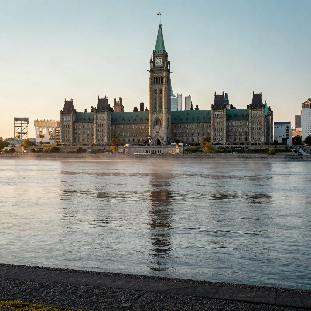 Golden-hour Parliament Hill above the Ottawa River with calm misty water.