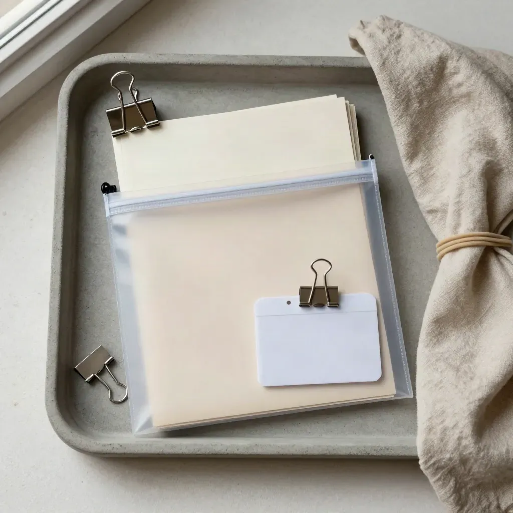 Overhead tray still life with document pouch, ID sleeve, binder clips and rubber band bundle
