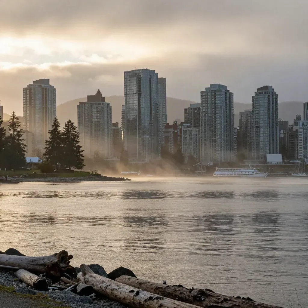 Vancouver skyline and North Shore mountains above calm misty inlet water